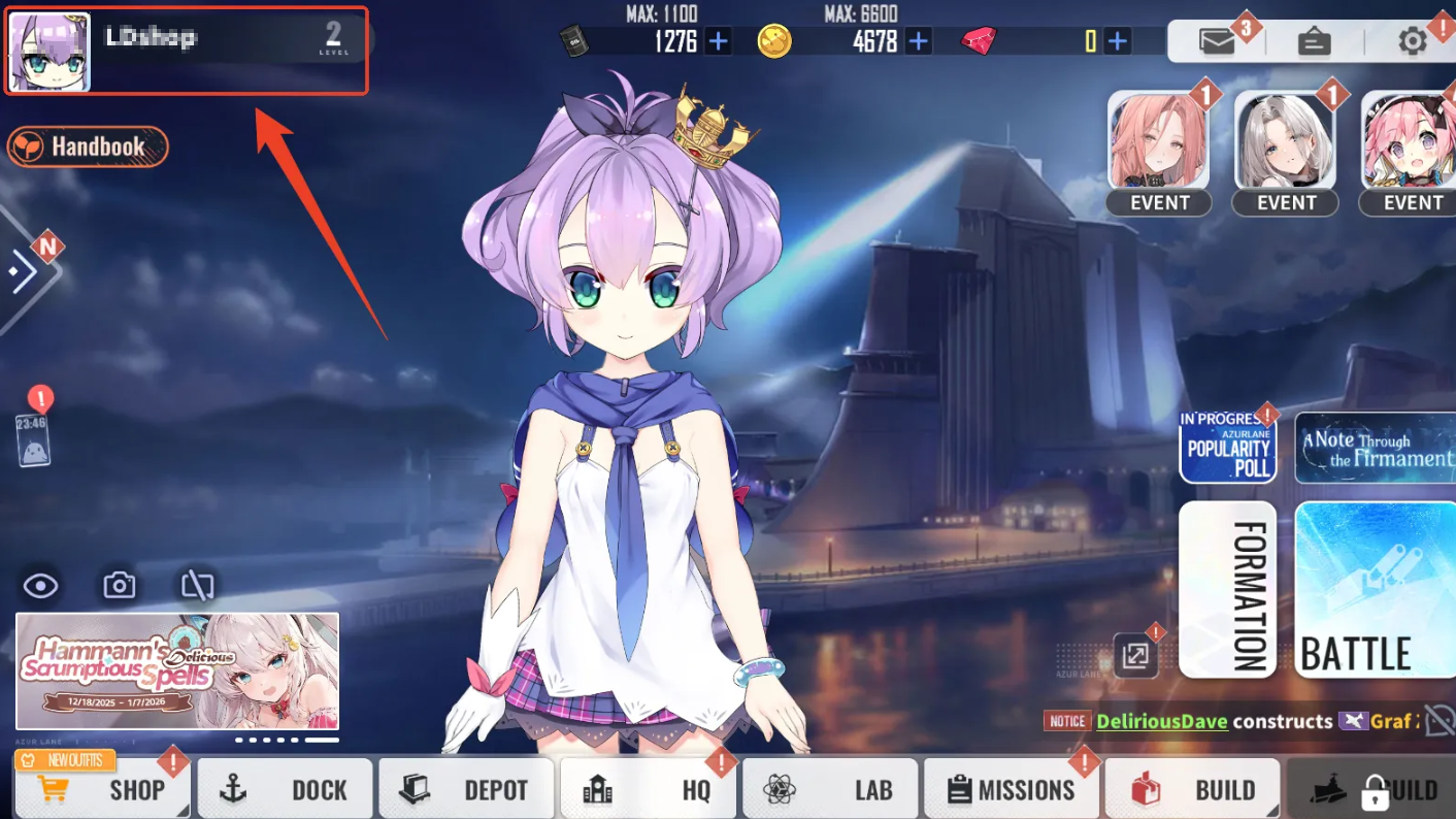 Klik bagian kiri atas di Azur Lane untuk masuk ke halaman profil Anda